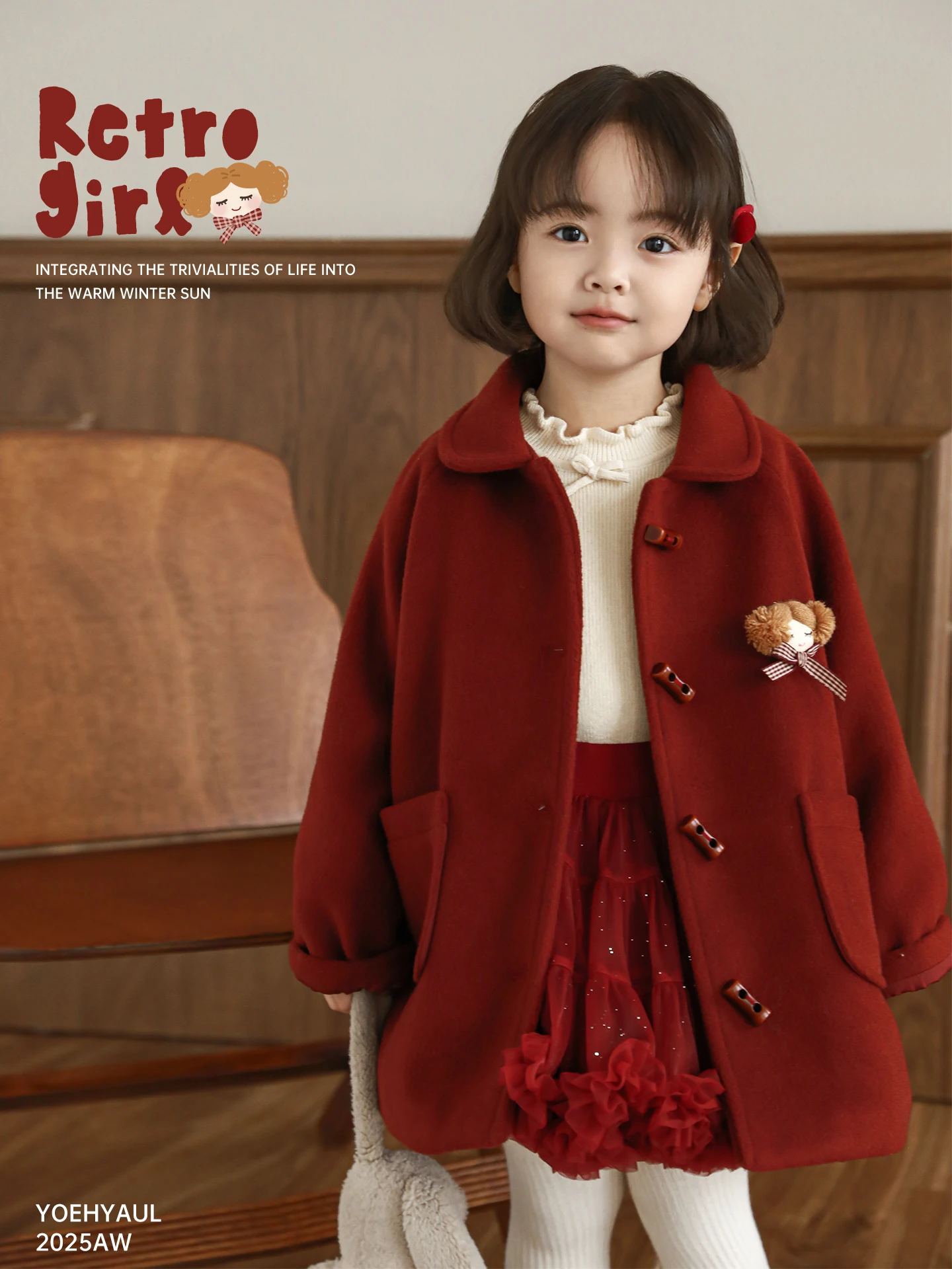 New 2025 Winter Girls Dolly Collar Mid Long Nano Velvet Coat Skin Soft Warm for 1-7 Years