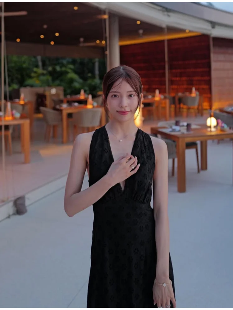 

Solid Black Hollow-out Embroidered Dress Women Sexy Sleeveless Backless High Waist Long Gowns Lady Vacation Party Dresses 2026