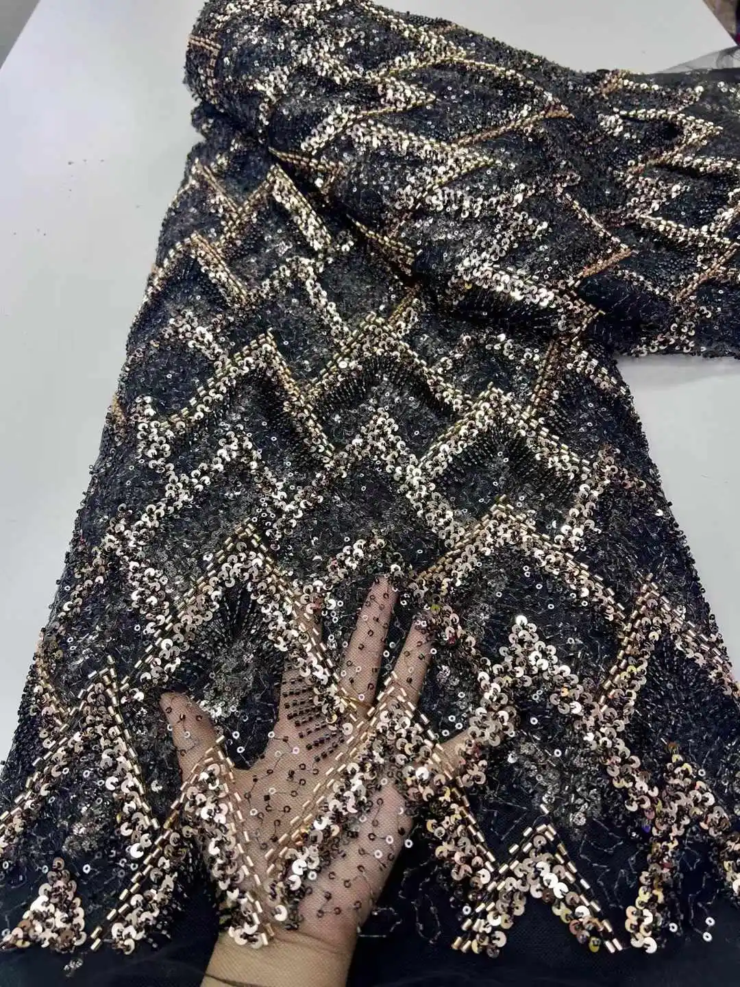 Paillettes nigeriane di alta qualità con perline africane 2025 con pizzo di perle Tessuto di pizzo francese in tulle per cucito di abiti da festa