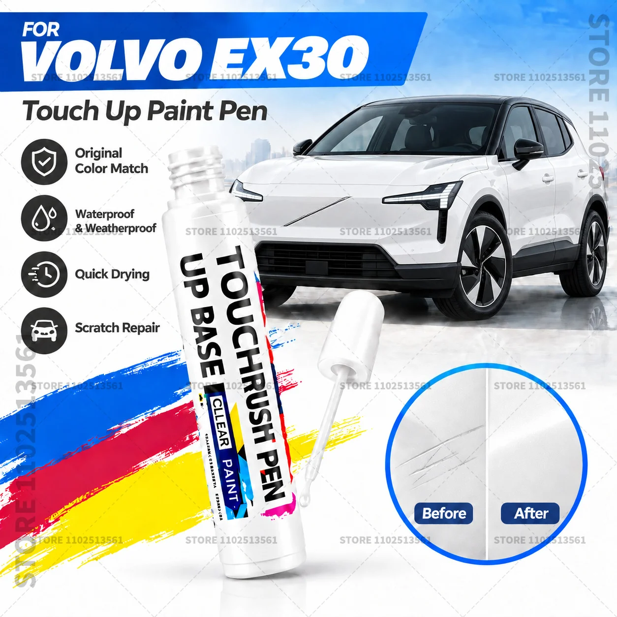 For Volvo EX30 White Black Red Car Scratch Remover Paint Pen Touch Up Marker for Auto Body Repair Door Bumper Fender Accessories