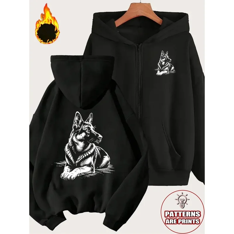 Women's Fleece-Lined Zip-Up Hoodie Sweatshirt - German Shepherd Pattern, Elegant Stance, Autumn/Winter Outerwear Jacket