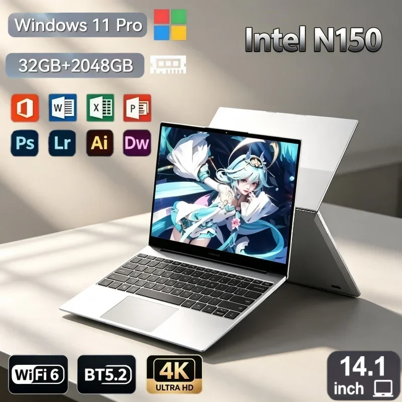 High‑Performance 14.1 Inch Ultra Slim Laptop PC Intel N150 Windows11 32GB RAM 2TB SSD Compact Notebook For Office Work Learners