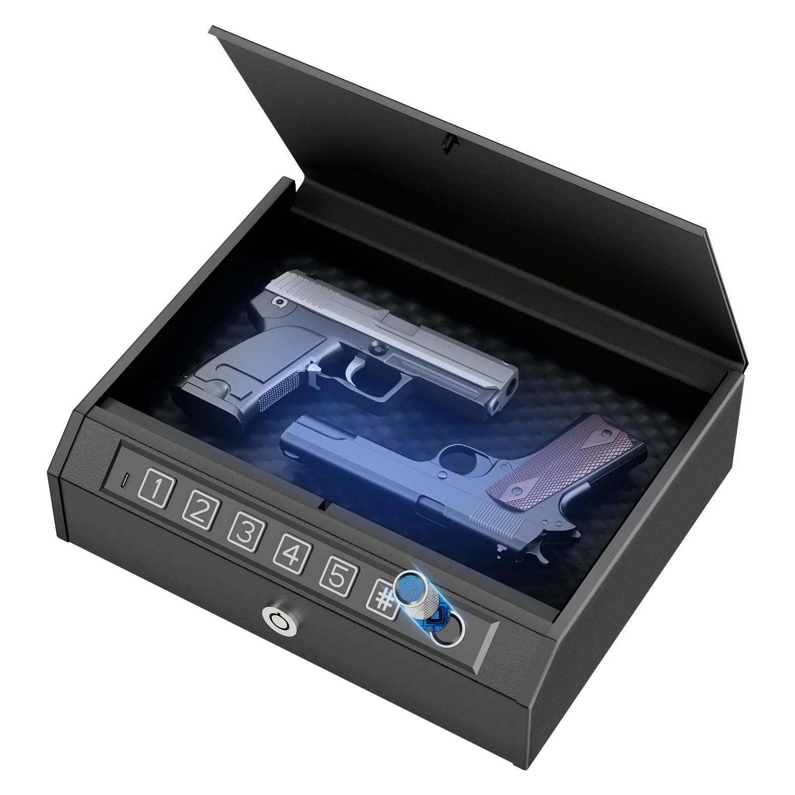 

Large Biometric Gun Safe | Fingerprint Pistol Safe with Internal Light, Three Unlock Methods, USB Charging, Combination Lock, Rechargeable Battery, Metal Material | Suitable for Home, Bedside, Nightstand, and Car Use