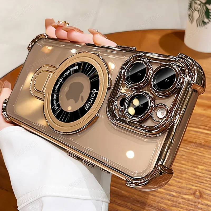 

Противоударный магнитный держатель-подставка, прозрачный чехол для iPhone 16, 15, 14, 13, 12, 11 Pro Max Plus, чехол для беспроводной зарядки Magsafe