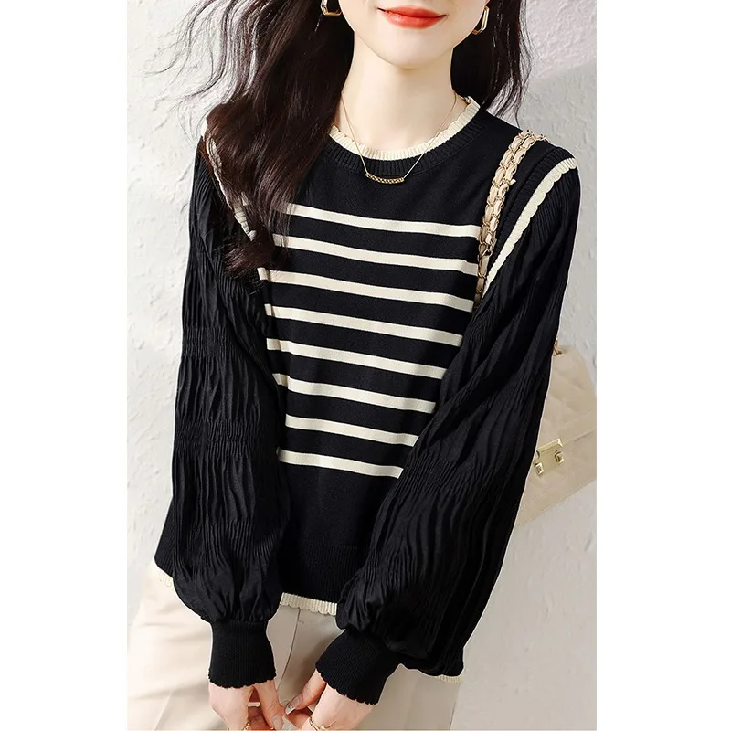 سترة نسائية متماسكة ملابس شتوية كورية موضة فضفاضة للخريف الترفيه لاعبا شريطية بأكمام طويلة بلوفر نسائي #4