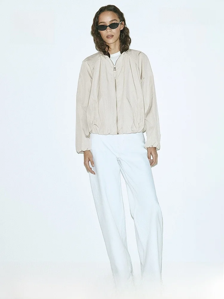 

New 2026 Women's Bubble Hem Pilot Jacket H&M Simple Style Loose Fit Polyester Nylon Cotton Blend Zipper Pocket Detail