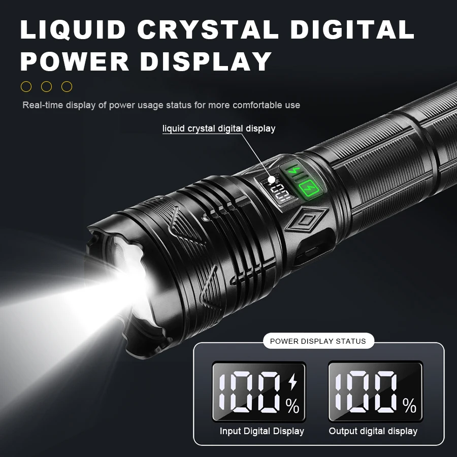 Rechargeable LED Flashlight Digital Display Tactical Flashlight Multifunctional Emergency Light Outdoor Camping Lighting Torch