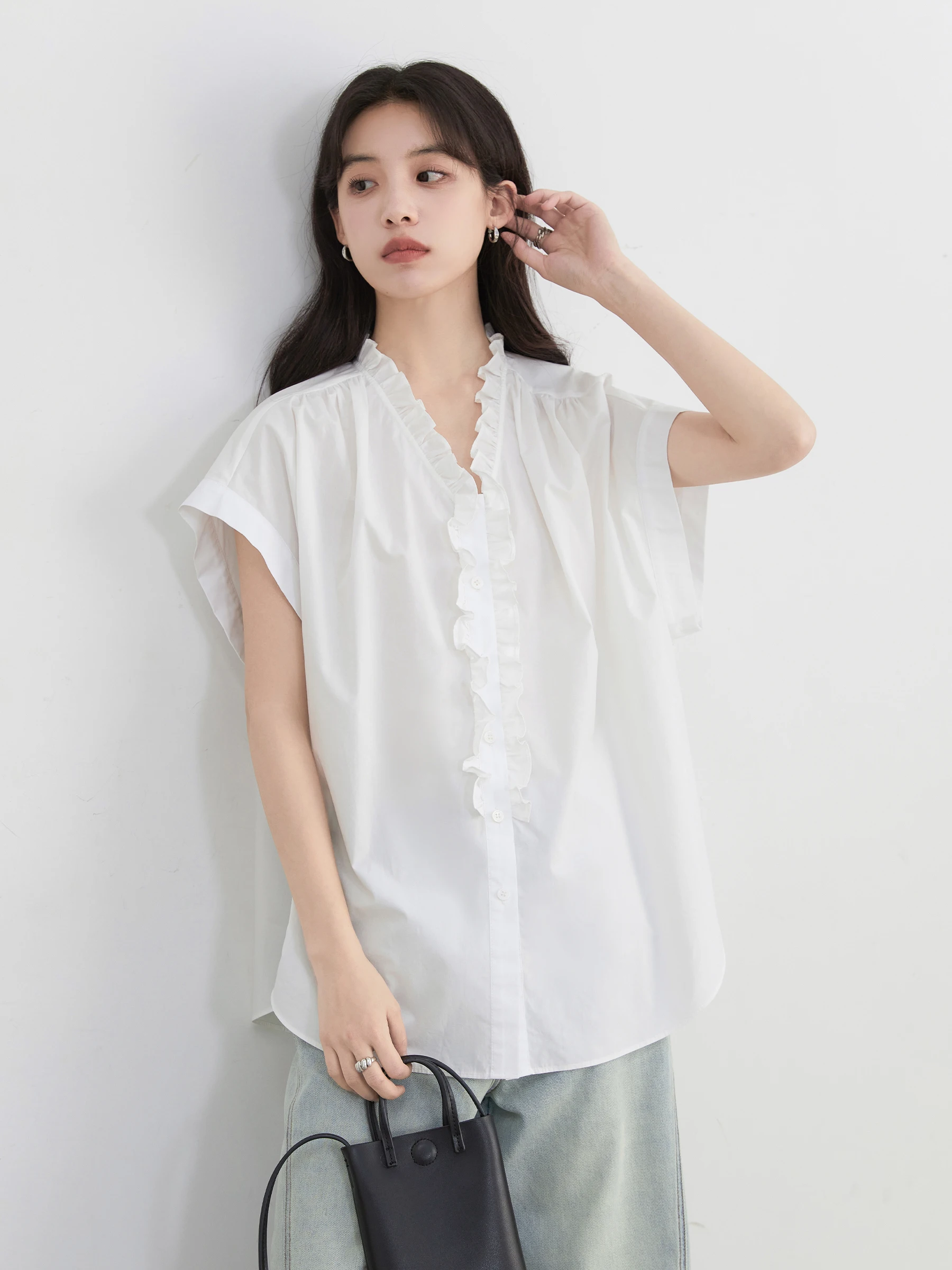 CHIC VEN-camisas holgadas informales de algodón con borde con volantes para mujer, camisa blanca de manga corta, blusas femeninas para verano 2025