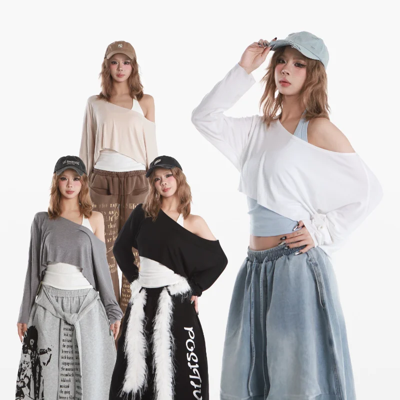 Spring New American Hot Girl Style Long Sleeve T-Shirt Short Sexy Belly Dance Jazz Top Casual Loose Fit Polyester Fabric
