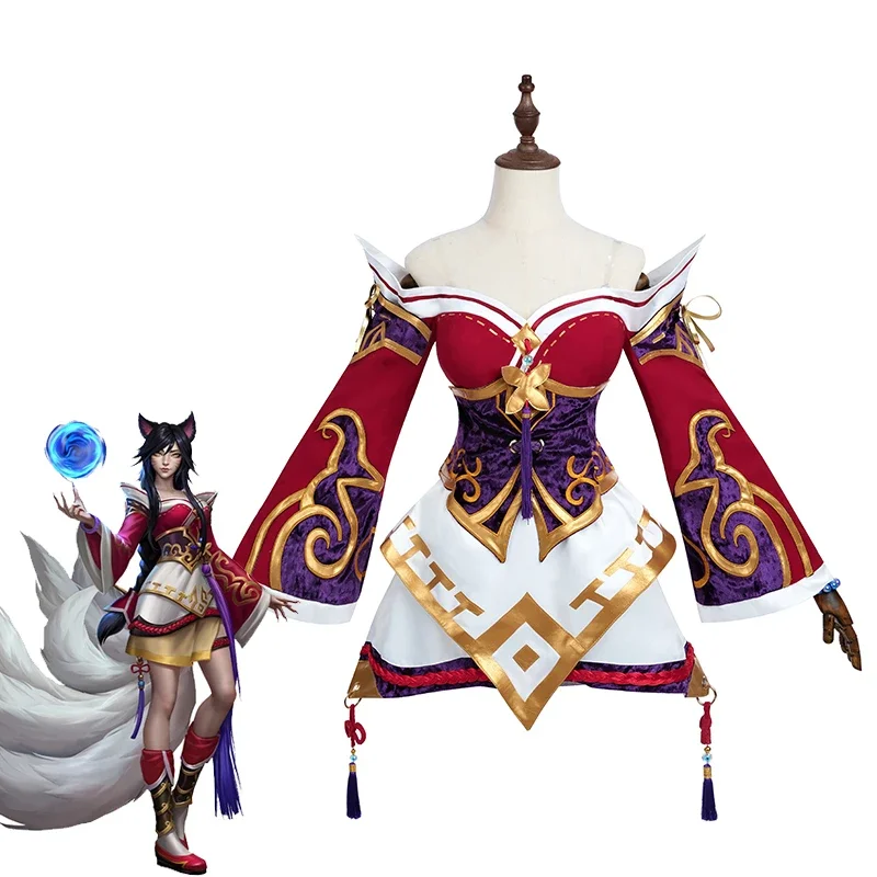 เกม LOL Nine-tailed Fox Ahri คอสเพลย์เครื่องแต่งกาย Ahri คอสเพลย์วิกผมเกม LOL Ahri เครื่องแต่งกายผู้หญิงชุดสีแดงชุดเต็ม