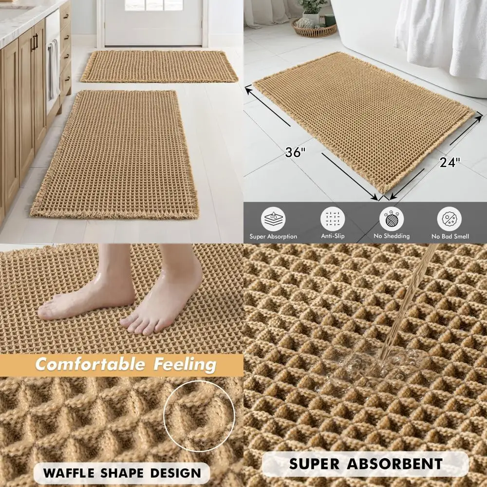 

Pair of Waffle-Patterned Bathroom Mats - Bohemian Style, Non-Slip and Washable, Highly Absorbent Bath Rugs with Soft Rubber Back