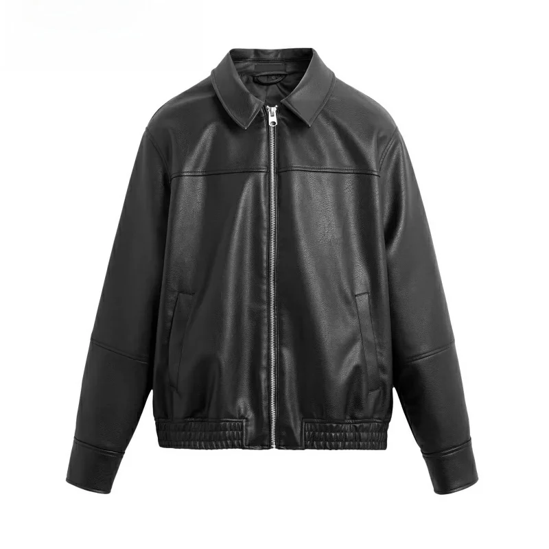 

Spring New Men's Loose Collar Long Sve Faux Leather Jaet Casual Zipper Coat Commute Sle Straight Tube ape Outerwear