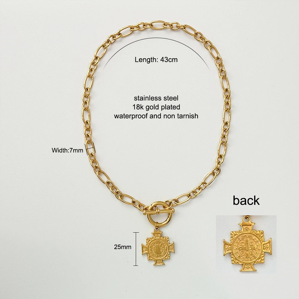 18K Gold Plated Stainless Steel Oval Link Chain Clasp Religion Cross Pendant Choker Necklace