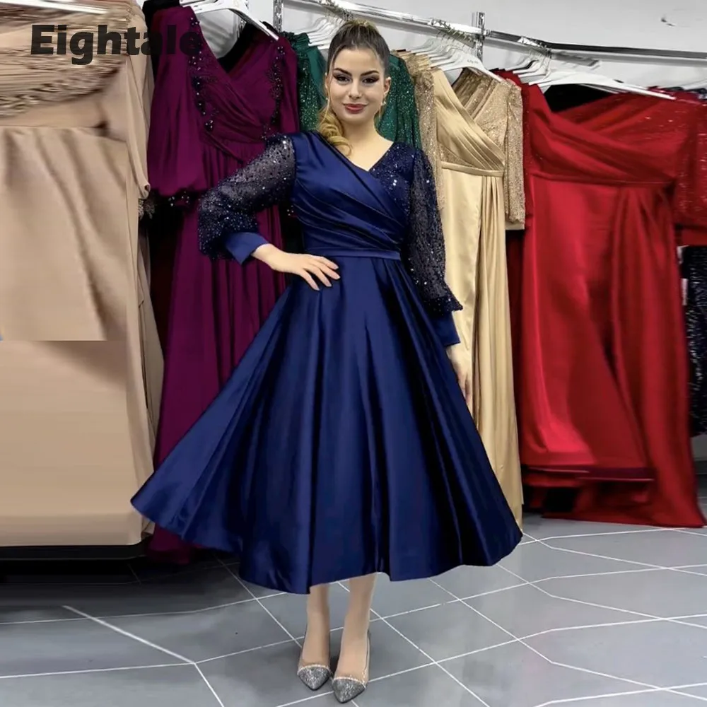 

Eightale Short Evening Dress for Wedding Party Satin Long Sleeves A-Line Shiny V-Neck Arabic Navy Blue Prom Graduation Gowns