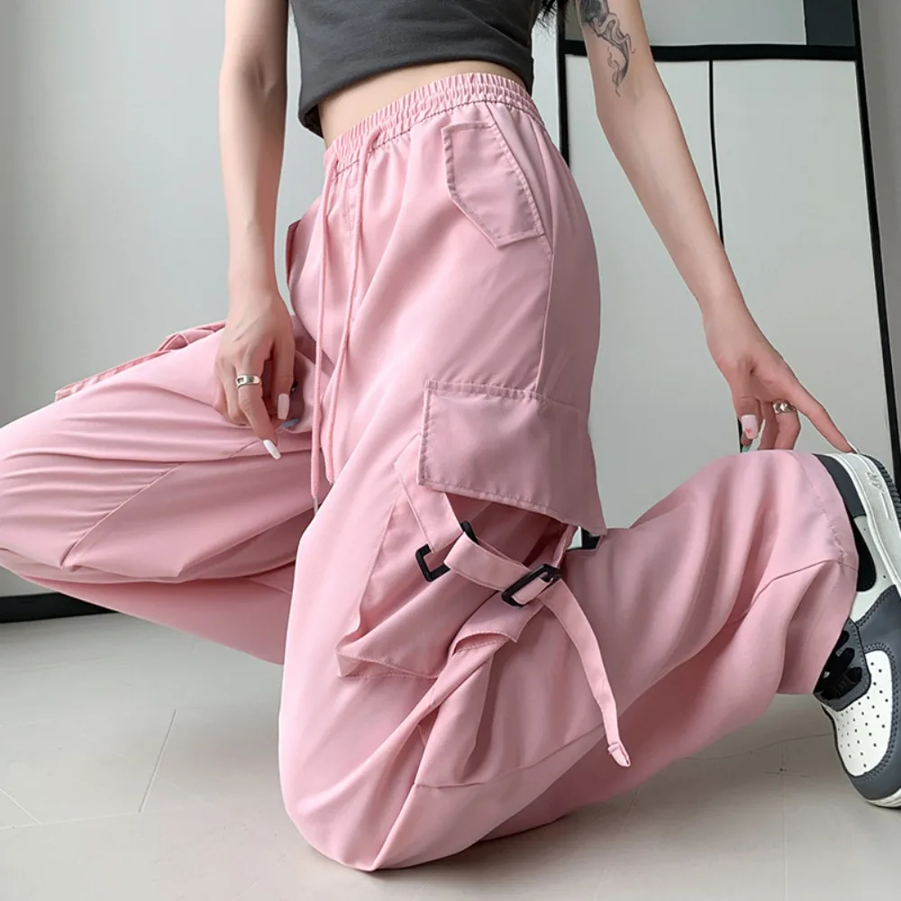 

Wide Leg Women's Baggy Cargo Straight Pants Elastic Waist Loose Y2k Drawstring High Waisted Trousers Oversized Female Clothing