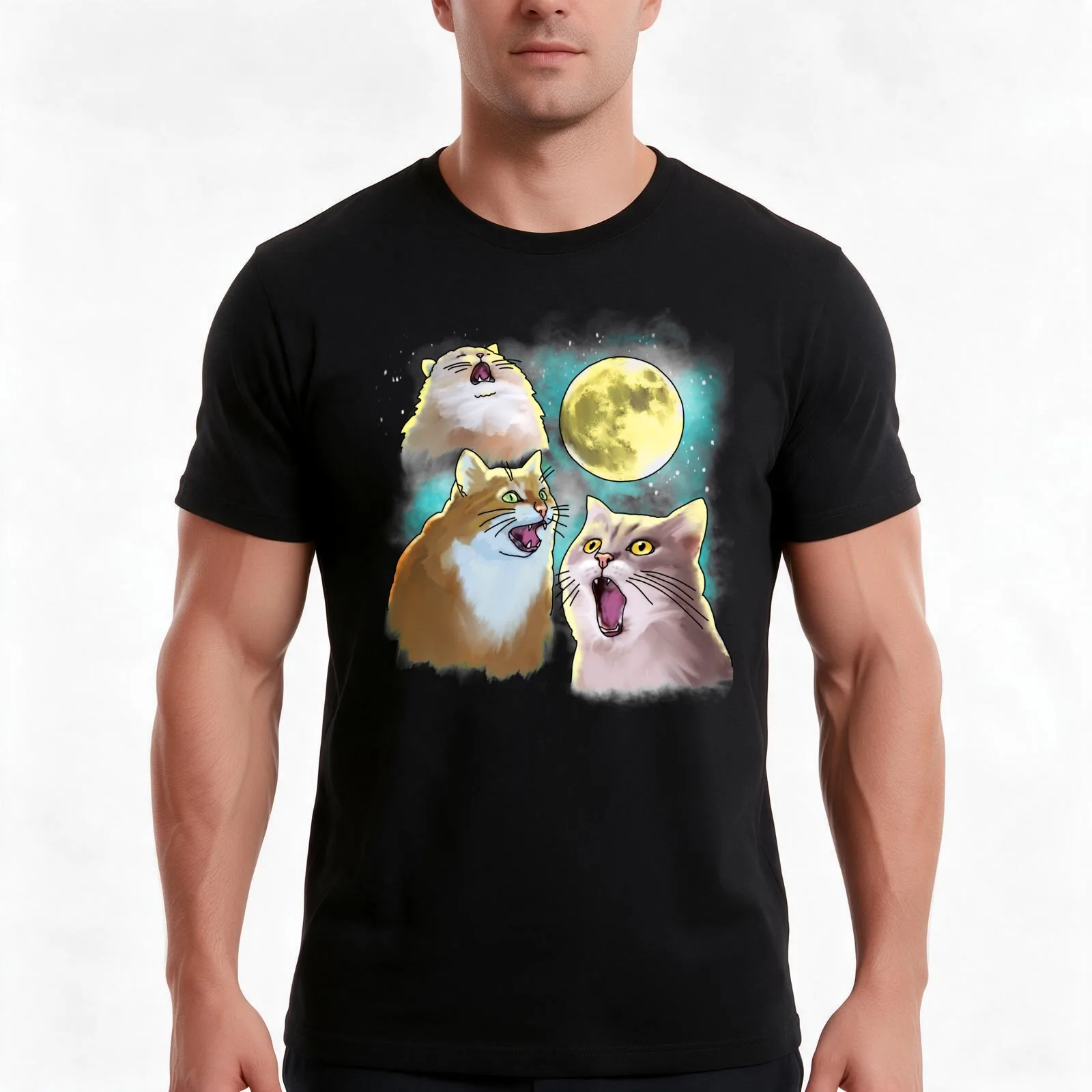 Three Cat Moon 3 Wolf Moon Funny Parody T-Shirt, Summer Casual Cotton Tee, Oversized Streetwear Tops, Vintage Graphic Print