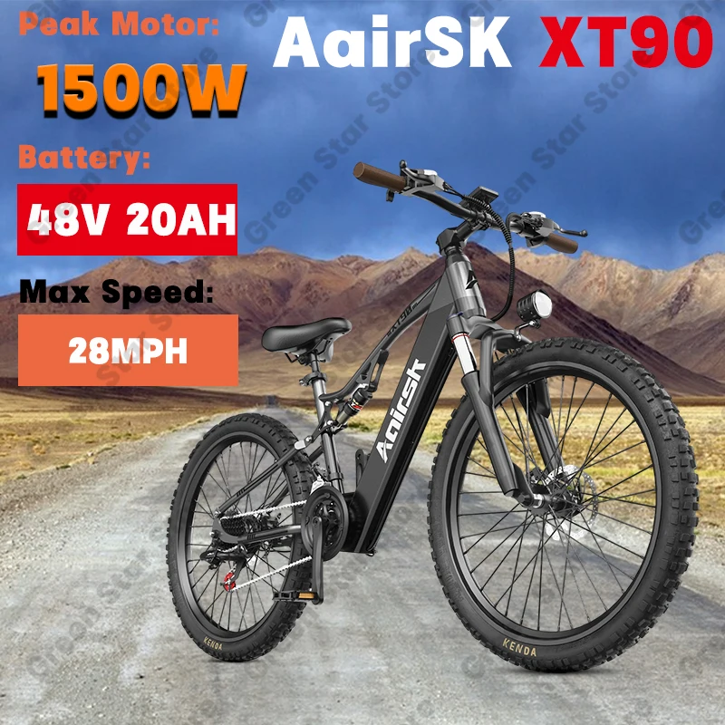 

Электрический велосипед Aairsk XT90 для активного отдыха, с двигателем 1500 Вт (пиковая мощность), аккумулятором 48В 20Ач, горный, с шинами 26*2.6 дюйма