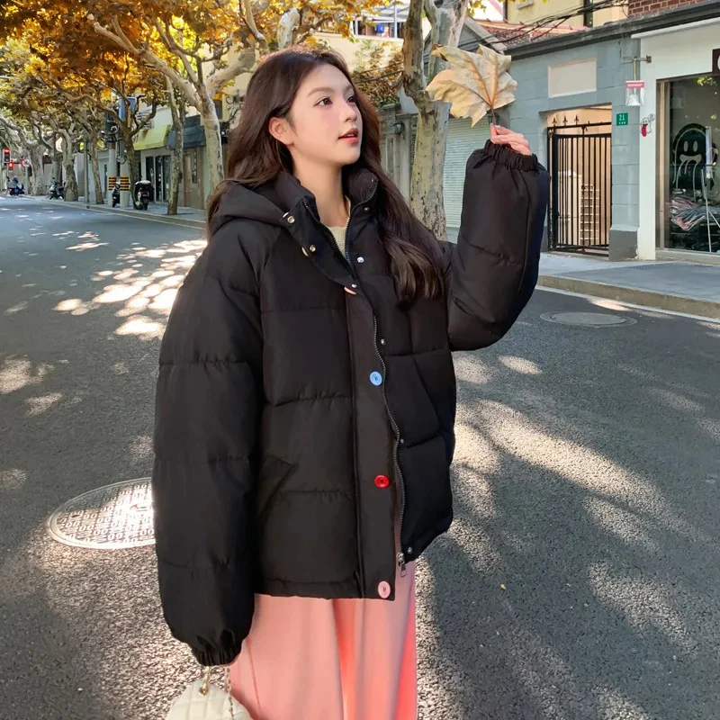 겨울 두꺼운 후드 파카 여성용 스위트 프레피 루즈 캐주얼 지퍼 푸피 코트 시크 버튼 긴 소매 배기 따뜻한 학생용 아우터