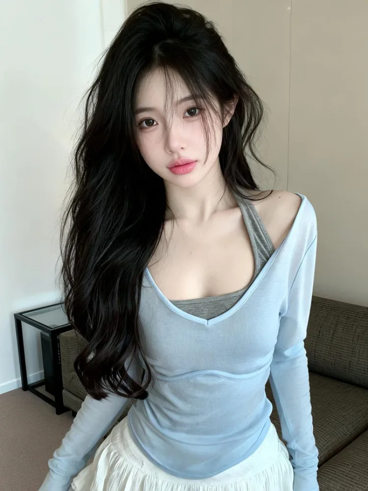 

Spring Summer New Style Women's Long Sleeve T-Shirt Set Neck Hanging Inner Wear with Chest Pad Fashionable Standard Fit UV Pr...