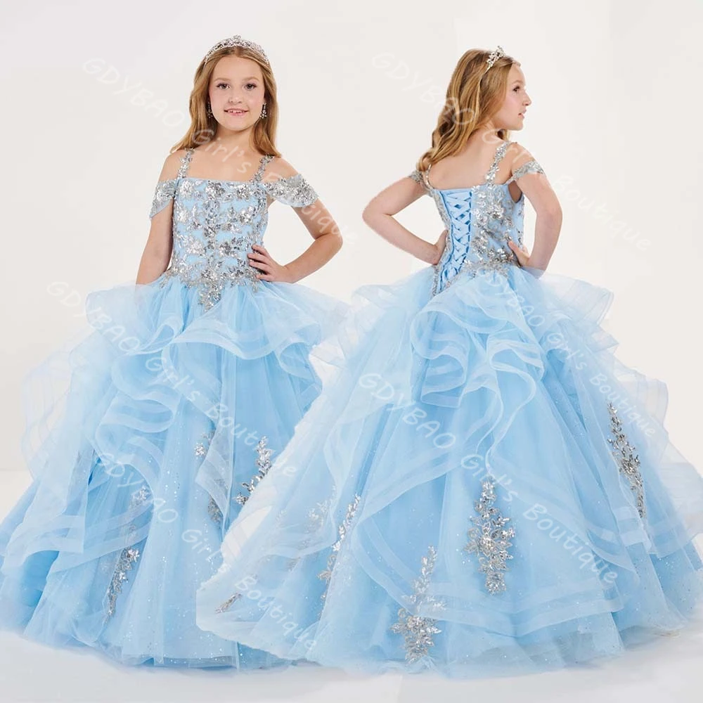 

Ruffled Tulle Princess Pageant Dress for Girls Strap Drop Shoulder Applique Wedding Flower Girl Dress Custom Party Ball Gown
