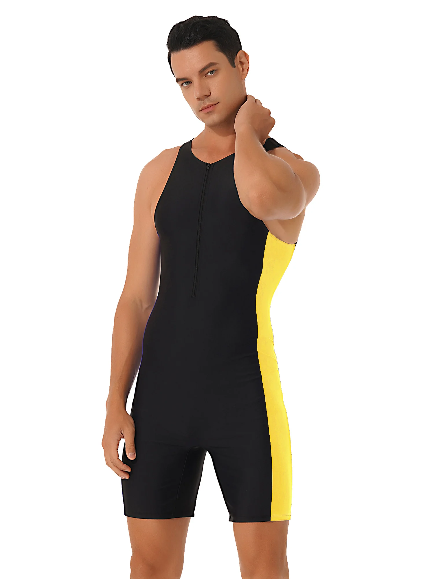 Men One-piece Swimwear Swimming Jumpsuit Patchwork Side Shorts Bodysuit Triathlon Wetsuit for Beach Pool Swimming Bathing Suit