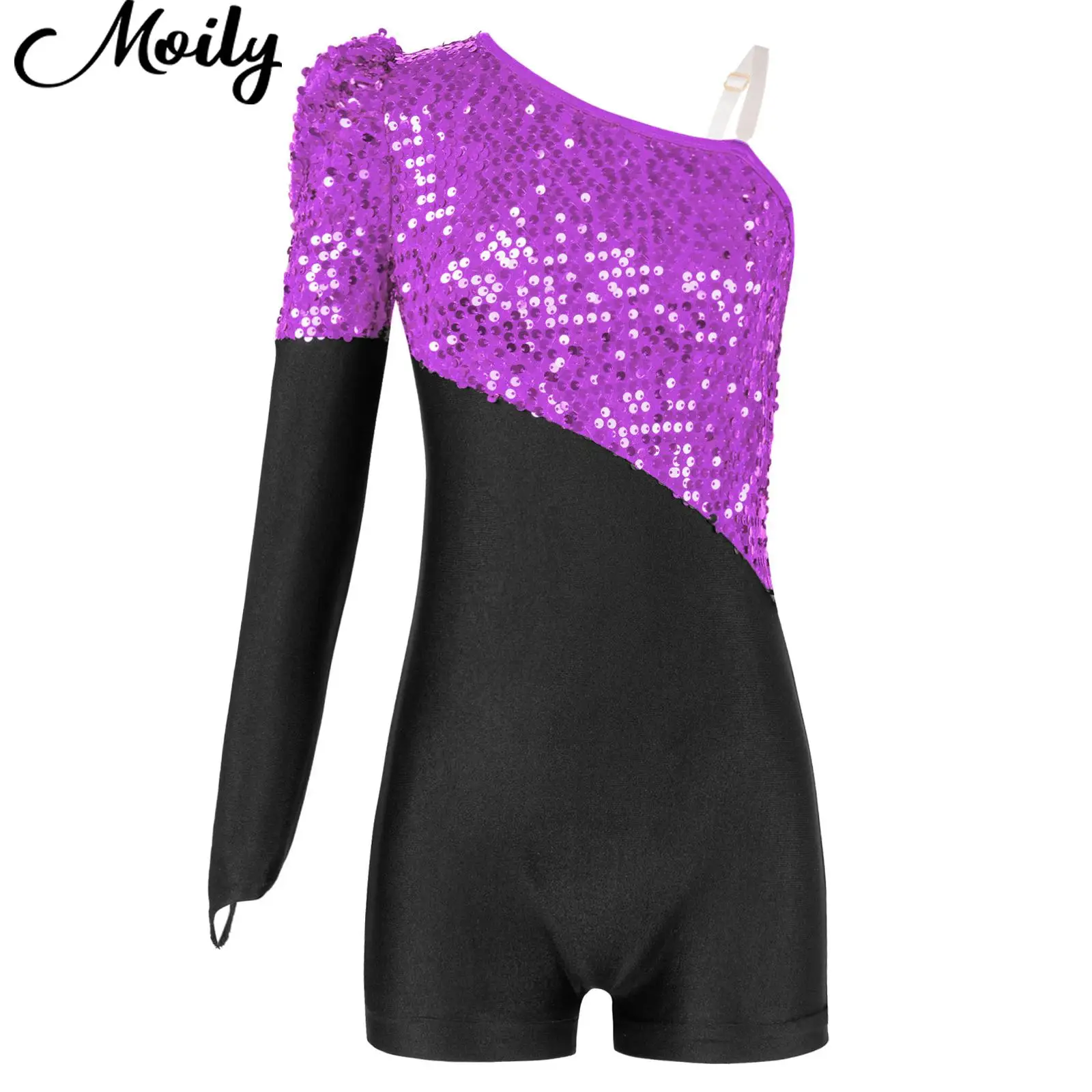 

Kids Girls Ballet Dance Leotards Dress Bodysuit Single Long Sleeve Sparkling Sequins Latin Dance Jumpsuit Costumes Performance