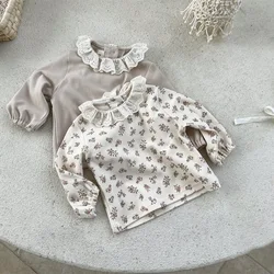 Camisetas informales de manga larga para bebé, Tops de algodón con cuello de encaje, camisa de fondo Floral para niños de 0 a 24 meses, novedad de otoño