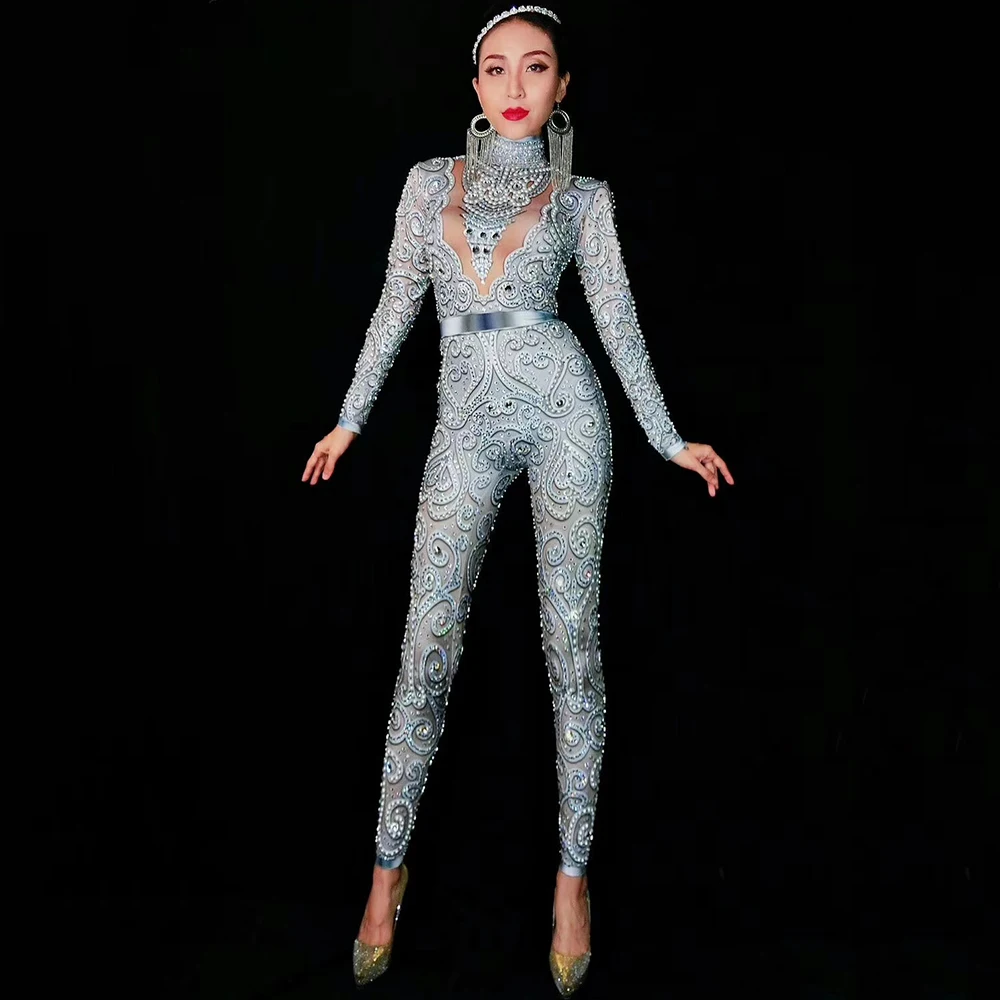 

Women Shining Rhinestones Pearls Jumpsuits Nightclub Dance Music Perform Costume