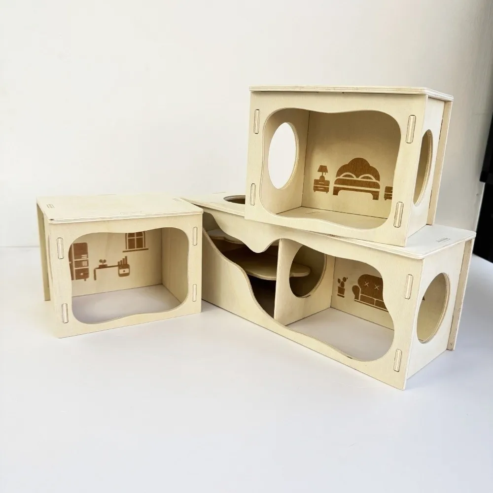 Neues Holz-Hamsterhaus Stapelbare Kaubeständige Hamstervilla Kletterstruktur Abnehmbare Nagetier-Versteck-Ecke Haustier-Spielbereich