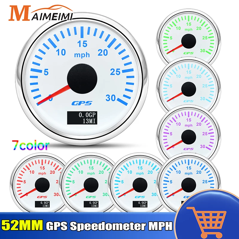 52MM 7 Colors Backlight GPS Speedometer With GPS Antenna Digital Gauge 30/60/80/120/200 MPH Speed Meter For 12V 24V Car Boat