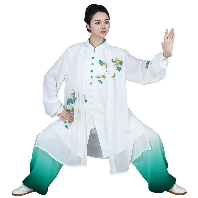 Custom Women's Mid-Long Maple Leaf Print Silk Hemp Tai Chi Suit - Team Martial Arts Competition Performance Uniform Set