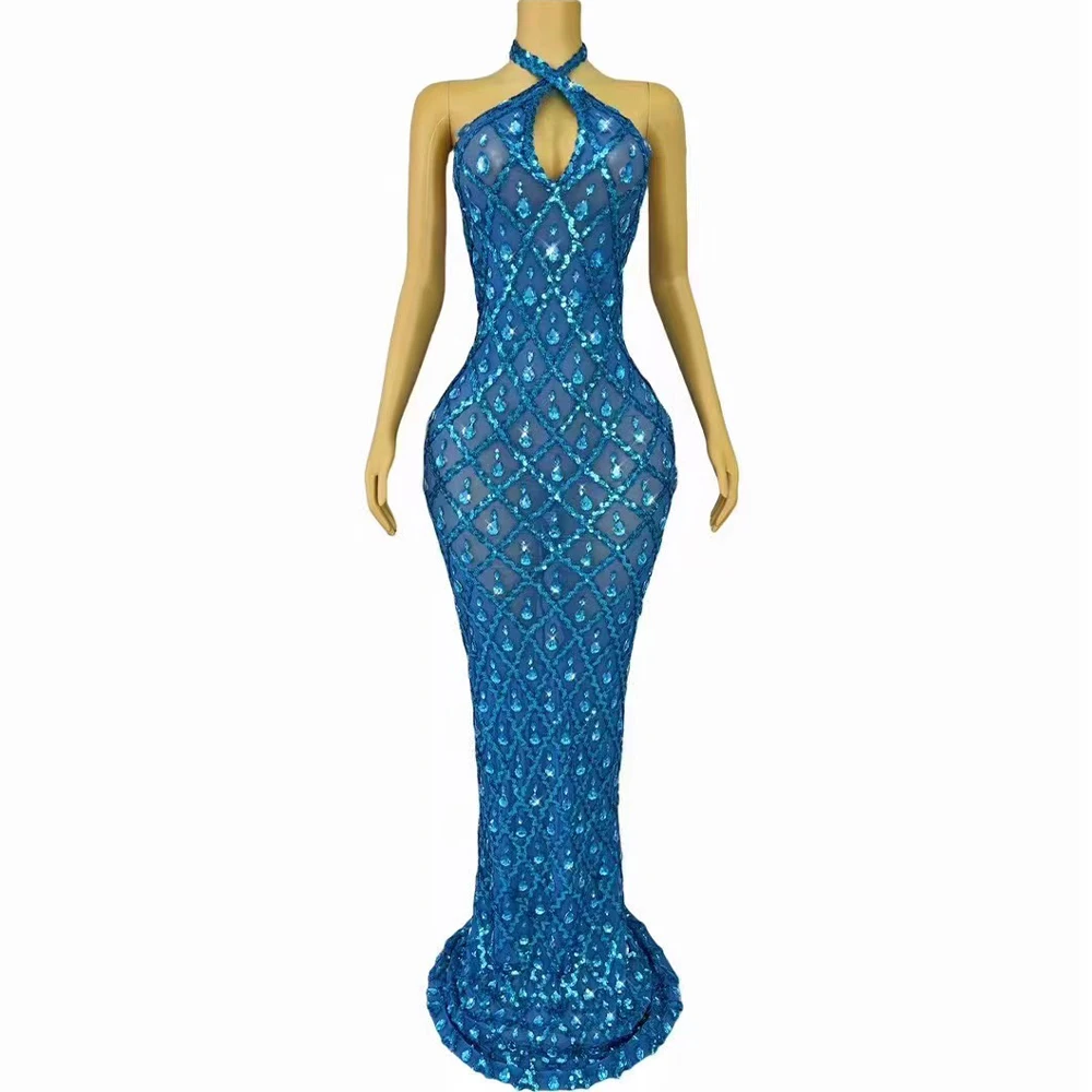 

Sexy Stage Luxury Shining Rhinestones Halterneck Backless Dress Women Party Evening Elegant Gown Stage Photoshoot Costume