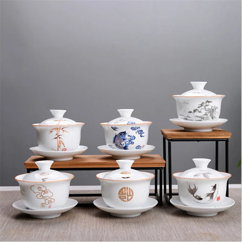 Hand-painted Kungfu Cup Kitchen Teaware Chinese Style White Porcelain Tea Cup Gaiwan Tea Tureen