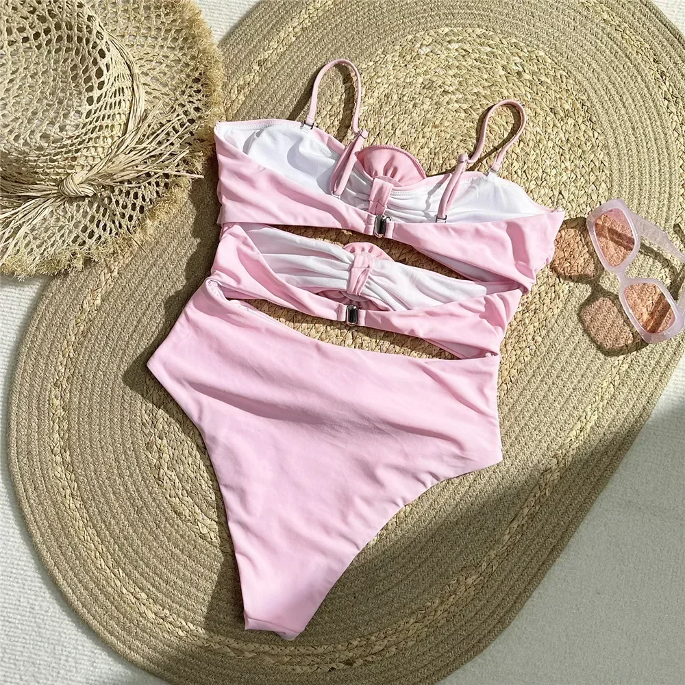 Sexy Pink 3D Flower Swimwear Woman One Piece Swimsuits Female Cut Out Monokini Bathing Suit Swimming Wear for Women Bathers 2025