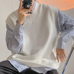 Plain Sleeveless Knitted Sweaters for Men Solid Color Man Clothes Waistcoat V Neck Vest White A Thick Winter Korean Autumn Baggy