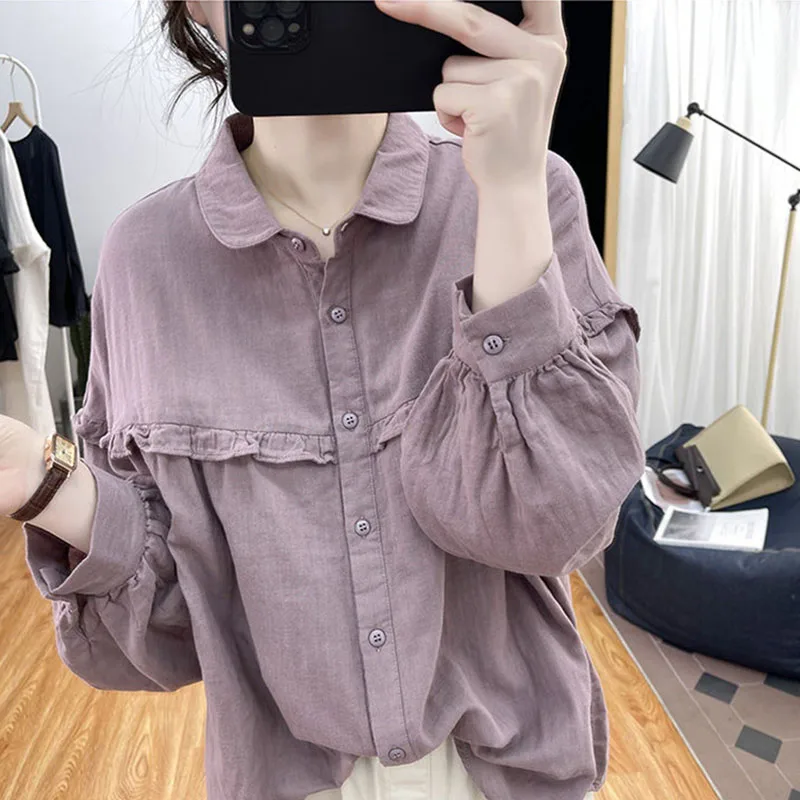 Lantern Sleeve Cotton Long-Sleeved Shirt Female Korean Version Of Spring And Autumn Ruffled Top Retro Bottoming Shirt Women's