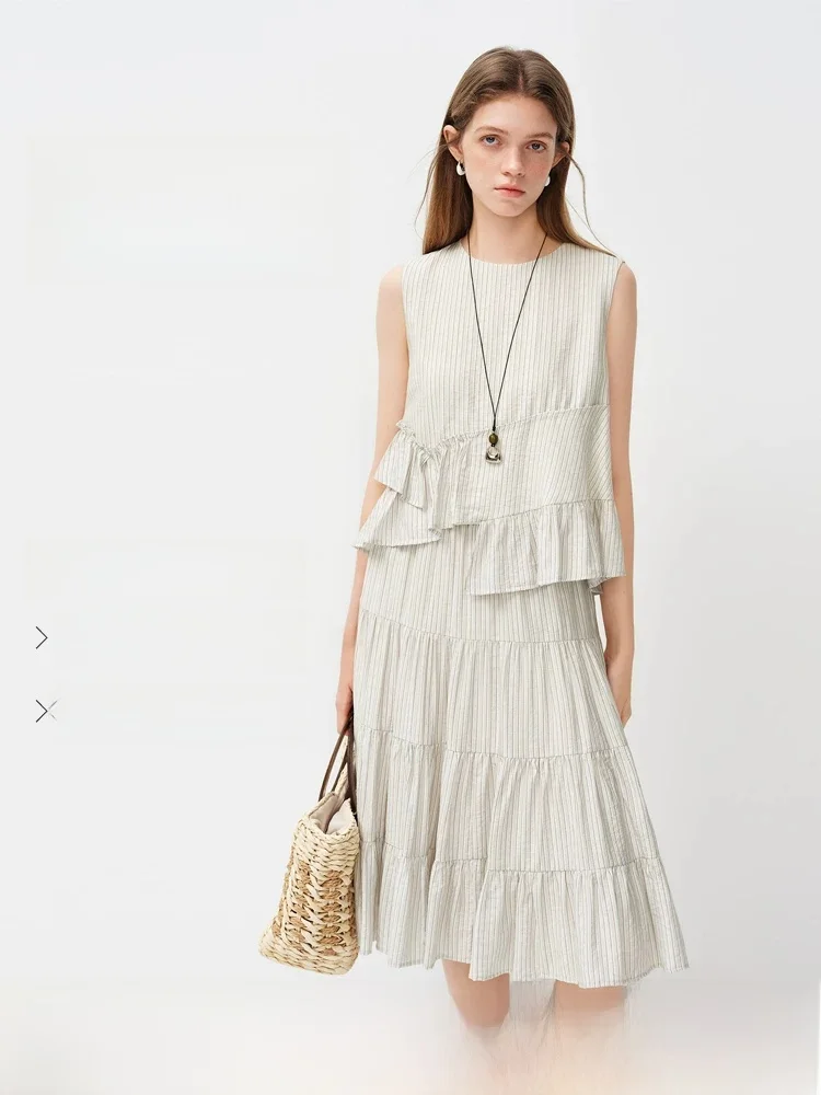 

Spring 2026 New Asymmetrical Design Striped Svel irt Women's Faion Set with Lace Hem Top And Bot Ensemble