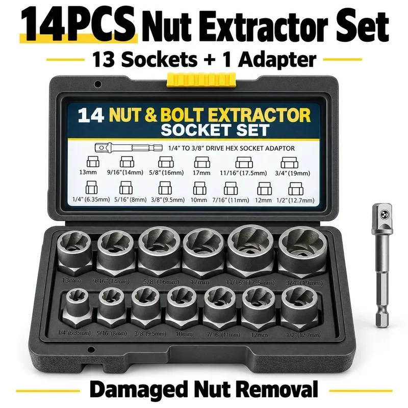 Reverse Spiral Nut Removal Socket Kit 14PCS 3/8 Drive 13 Sockets and Adapter in Black Yellow Case for Damaged Rounded Fasteners