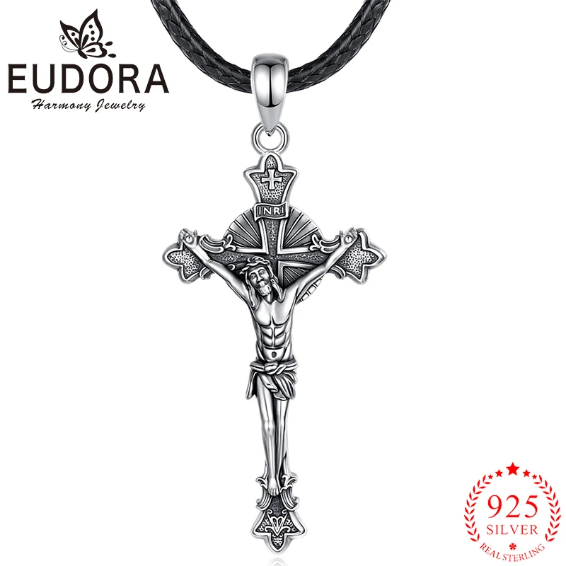 

Eudora 925 Sterling Silver Crucifix Cross Jesus Necklace Saint Benedict Pendant Religious Jewelry Vintage Gift for Men Women