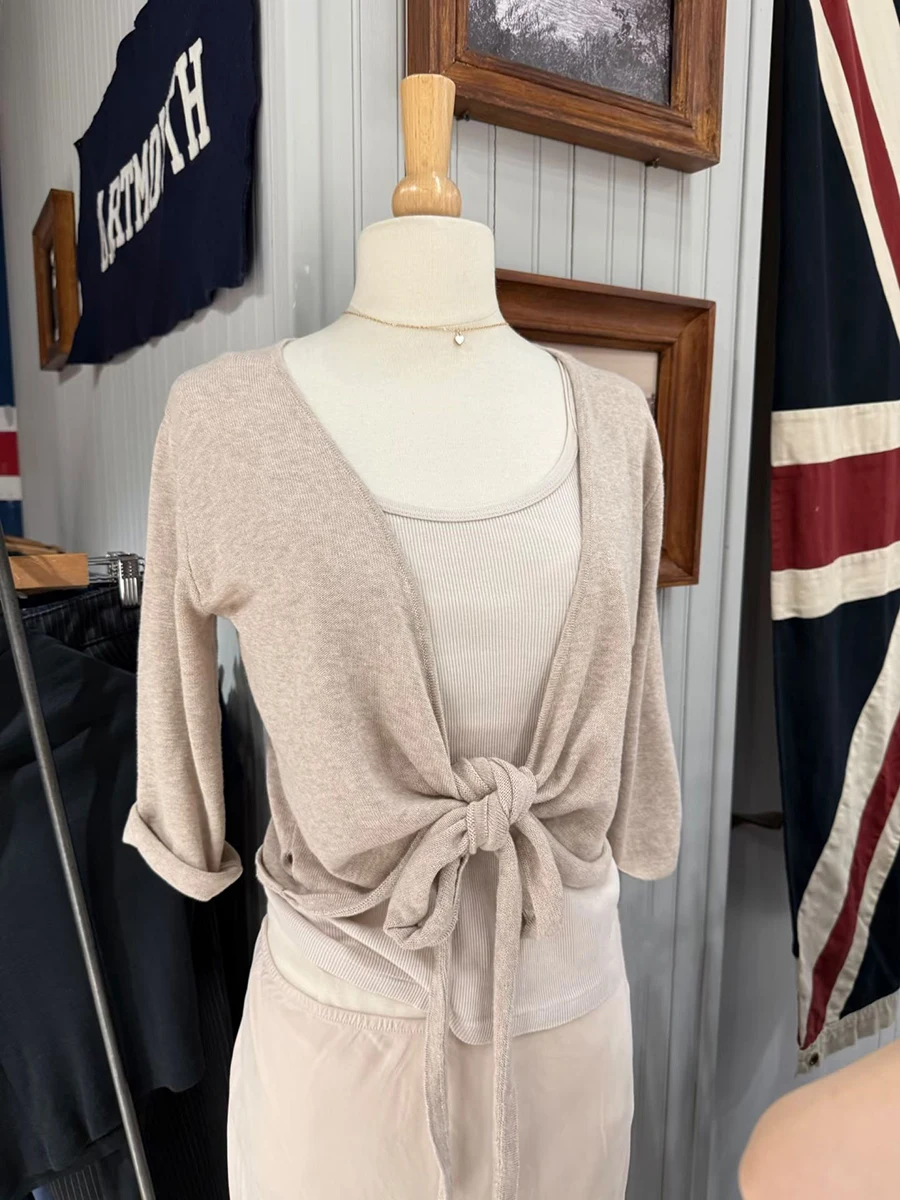 Oatmeal Long Sleeve T-shirt Cardigan Woman Autumn Lace-up Three Quarter Sleeve Cotton Smock Solid Elegant Wrap Tee New Crop Tops