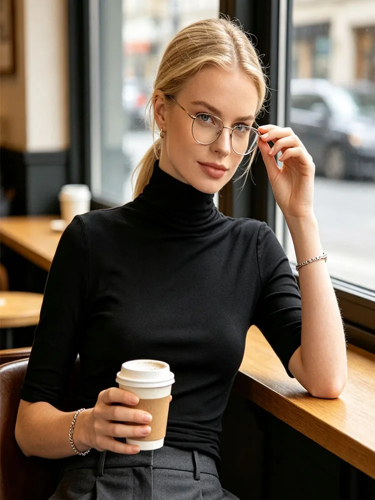 Women Turtleneck Half Sleeve Slim Fit Knit Top Solid Color Stretchy Basic Layering Tee Office Commute Inner Blouse