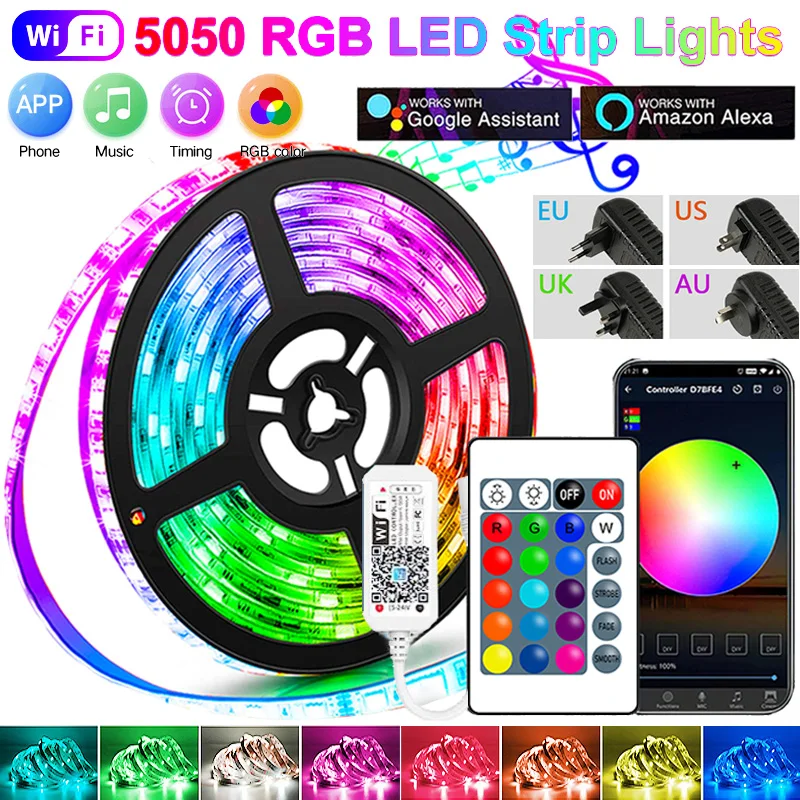 블루투스 LED 스트립 라이트 방수 5050 RGB LED 조명, SMD2835 와이파이 컨트롤러, 방 장식용 유연한 램프 테이프 변경