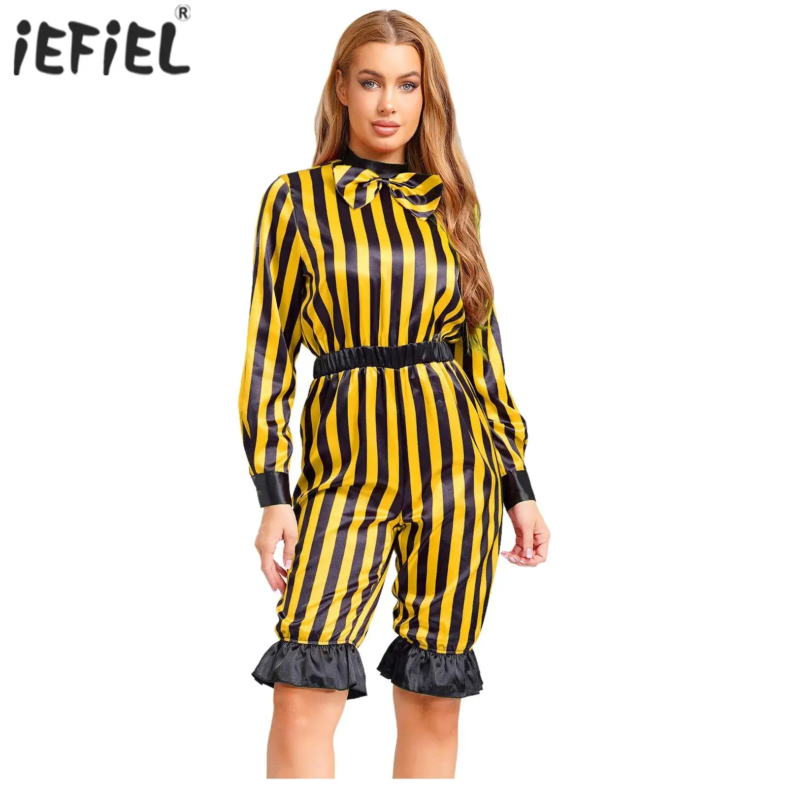 Disfraz de payaso malvado de Halloween para mujer, disfraz de fiesta de circo, peleles Vintage con lazo, bombachos de manga larga, pantalones, mono de payaso