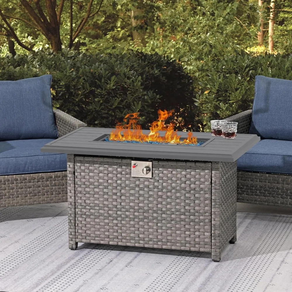 

Outdoor Fire Pit Table 43 Inch Wicker Propane Fire Pit with Aluminum Tabletop 50,000 BTU Gas Firepit with Fire Glass