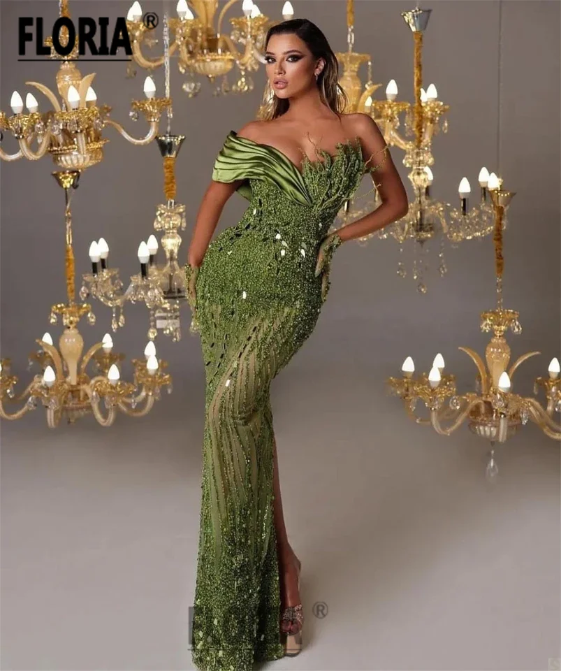 Prachtige Dubai Parels Mermaid Avondjurken Kralen Kristallen 3D Applicaties Arabisch Partij Jassen Formele Prom Dress Robe De Soiree