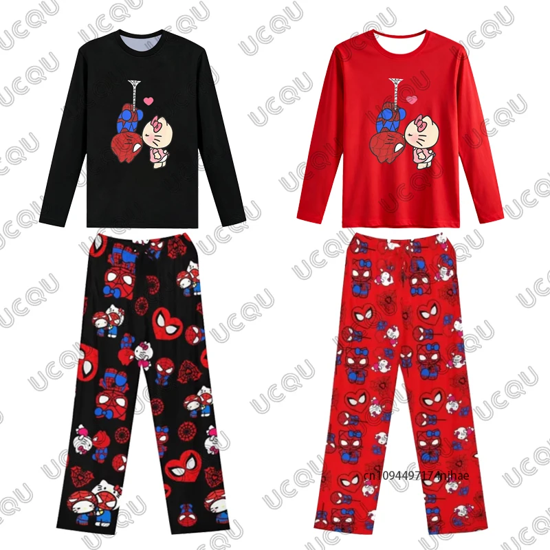 Survêtement pour enfants Spider-Man & Hello Kitty imprimé t-shirt à manches longues + pyjama pantalon Couples costume décontracté enfants/adultes 2 pièces ensembles