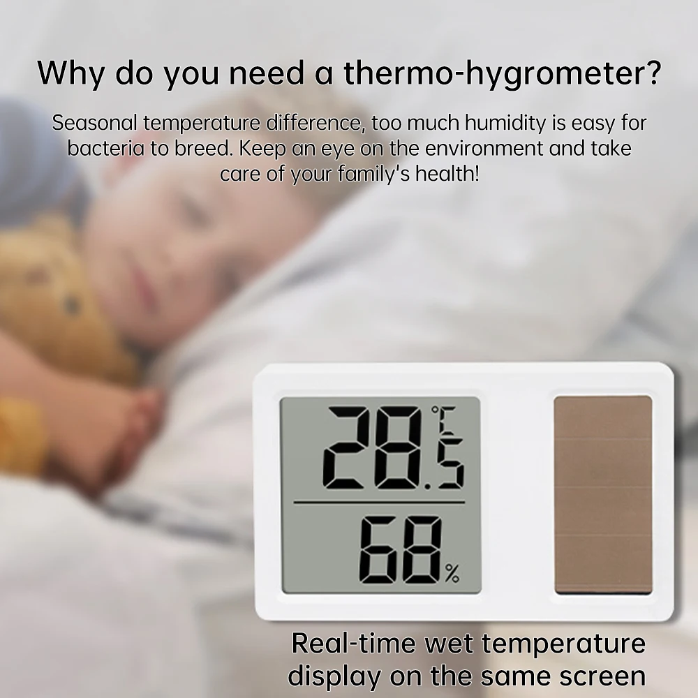 Solar power Temperature and Humidity Meter Mini Portable Humidity Digital Electronic Temperature Detection Meter for Bedroom