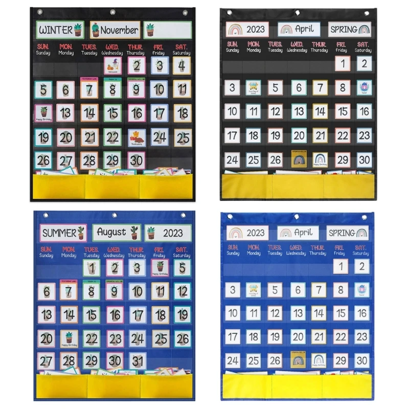 Calendar Pocket Chart with 89 Cards, Teaching Calendar, 20.07x23.62In Classroom Wall Pocket Chart for Calendar Learning K1KF