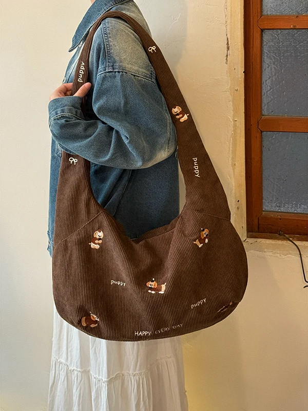 

Корейская вельветовая сумка через плечо с вышивкой для собак, женская осенне-зимняя большая вместительная студенческая сумка для поездок на работу, одинарная...