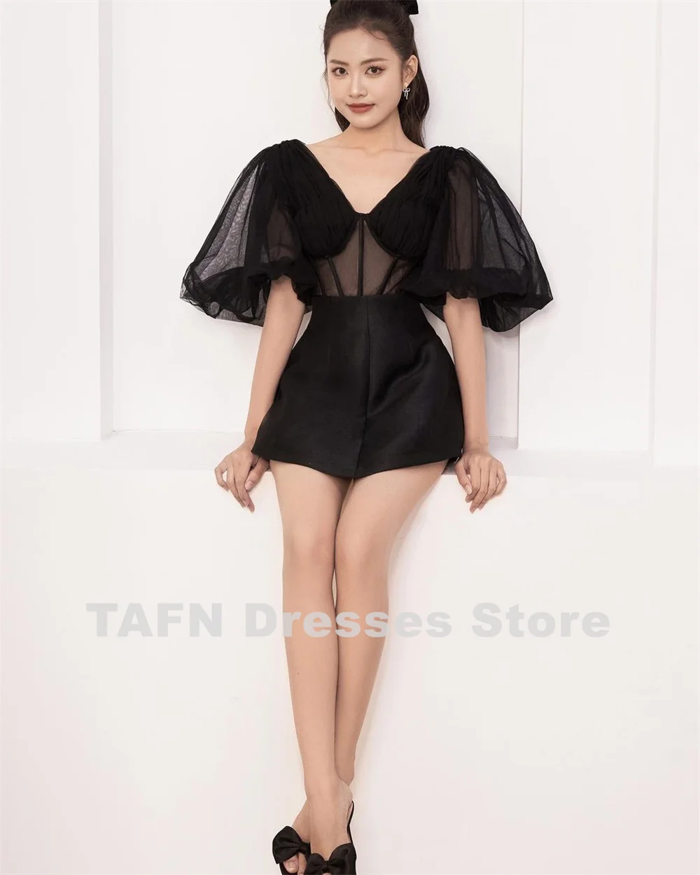 TAFN Black Mini Prom Gown V-Neck Puff Short Sleeves Evening Dresses Illusion A-line Black вечернее платье женское длинное